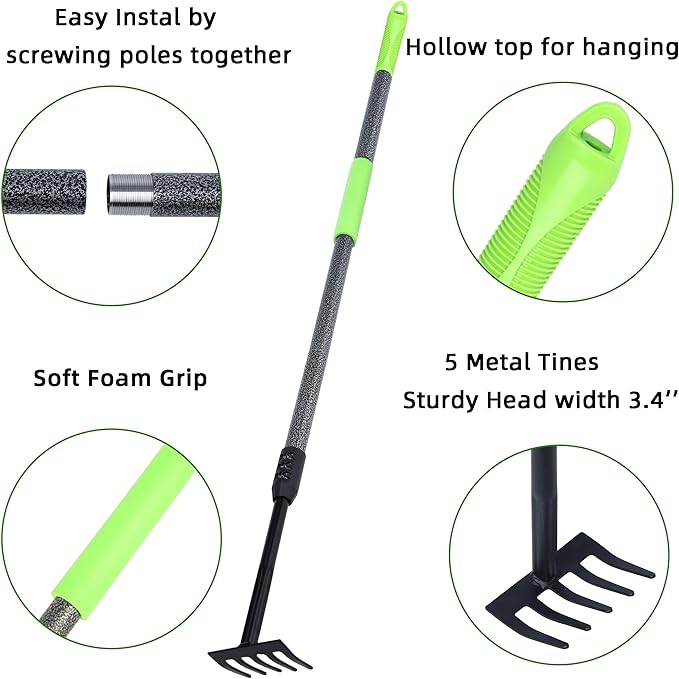 Hand Rake, Adjustable Handle Garden Small Rake Garden Tool, Heavy Duty Hand Tiller Cultivator with Soft Foam Grip, Mini Rakes for Weeding Tilling Soil Loosing Planting