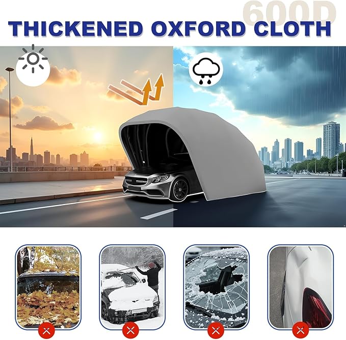 Stainless Steel Grey Carport, Heavy Duty Retractable Car Awning, Foldable Semi-Automatic Durable Shelter, Windproof and Snow-Proof, 600D Heavyweight Oxford Cloth, for Outdoor