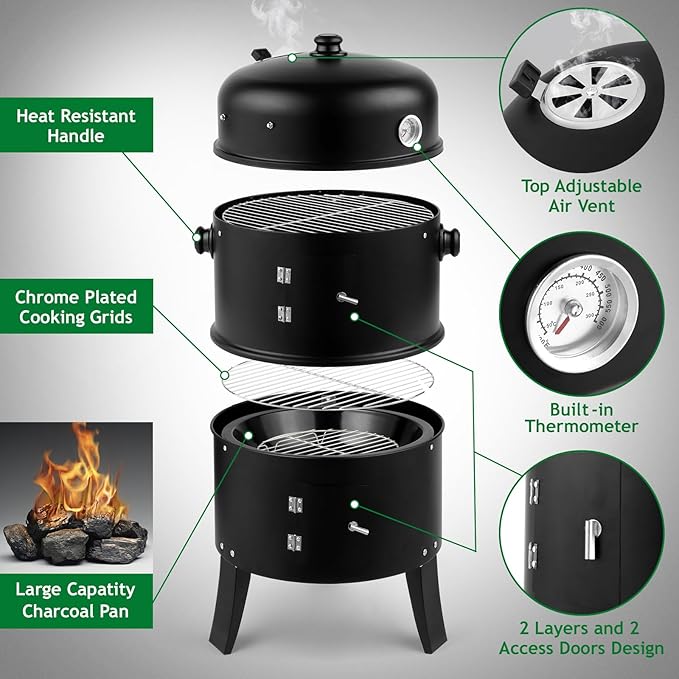 16 Inch Charcoal Smoker, 3-in-1 Meat Smoker Grill with Thermometer & Dual Cooking Racks Portable Outdoor BBQ Smoker with 2 Access Doors, Easy to Clean, for Backyard, Camping & Parties