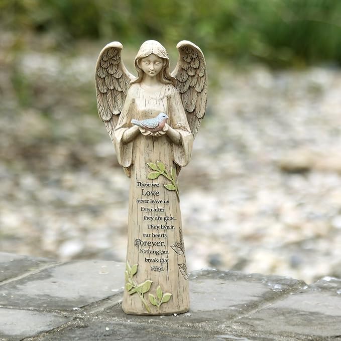 DUSVALLY Angel Statue, Memory Guardian Garden Decor, 10" H Waterproof Outdoor Angel Figurine Sculpture for Lawn & Yard (Praying, Holding The Bird)