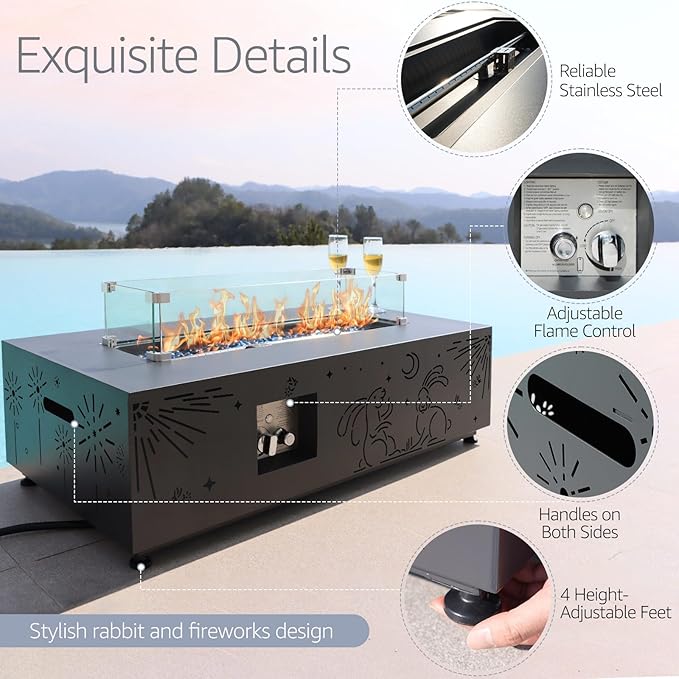 NICESOUL 42'' Natural Gas/Propane Fire Pit Rectangular, Low Profile Firepits with Tank Table for Outside Patio, 50000 BTU Outdoor Fireplace with LED Lights Lamp for Backyard Garden, CSA, Dark Grey