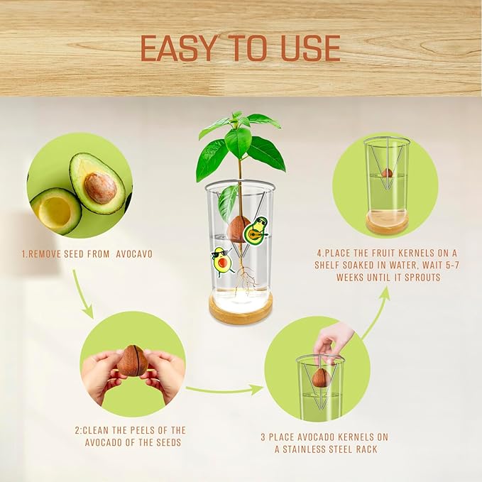 Avocado Seed Starter Vase - Avocado Tree Growing Kit with Base and Sticker, Glass Avocado Pit Sprouting Plant Pot Gift for Women, Gardening Lovers Home Office Table Decoration, Indoor No Seed