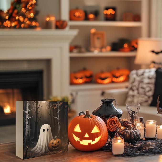 Mtrgdn Halloween Decor,Halloween Decorations Indoor,Spooky Ghost Pumpkin Desk Decor Wooden Box Sign,Halloween Home Office Kitchen Bathroom Bedroom Coffee Table Shelf Wall Decorations,5x5 In