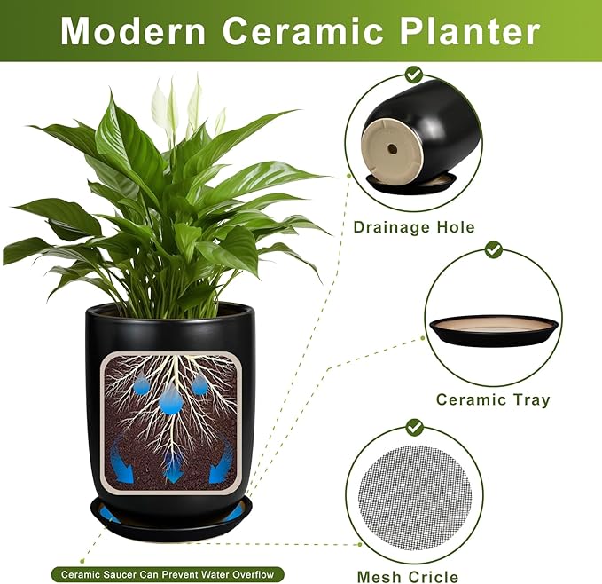 Ceramic Planter Pot - 12 Inch Large Plant Pot with Drainage Hole and Saucer Modern Flower Pot for Indoor Outdoor Plants Home Garden Decor Black