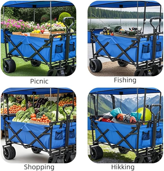 AthLike Extra Large Collapsible Wagon w/Removable Canopy, 250lbs/262L Capacity Foldable Garden Cart w/Rear Storage, Heavy Duty Push&Pull Utility Camping Beach Stroller w/Big Wheel&Adjustable Handles