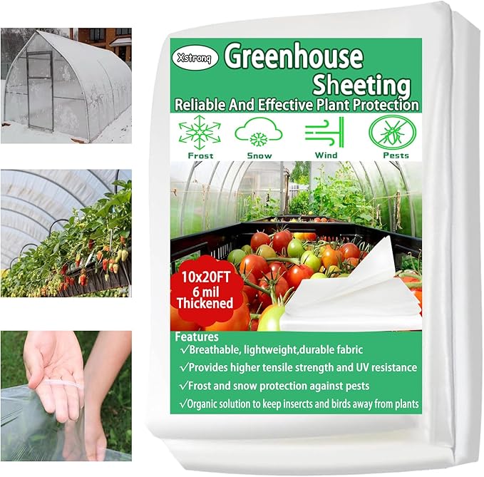 10FTx20FT Greenhouse Plastic Sheeting, 6 Mil Thick Clear Polyethylene Film, Waterproof Wind Frost Dust UV Resistant Green House Plastic Covering for Outdoor Plant, Garden, (10ft x 20ft)