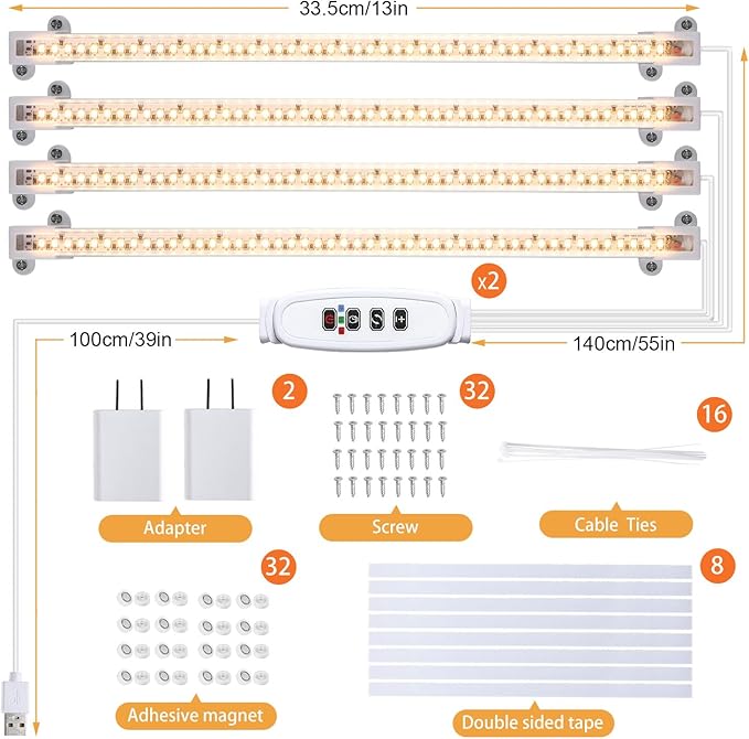 LED Plant Grow lamp, 3500K Full Spectrum Growing Light Strips for Indoor Small Plants with 3/9/12H Timer & 10 Dimmable Levels, LED Growth Light for Green House Hydroponics Succulent 2 Pack