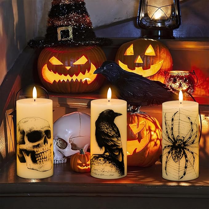 DRomance Halloween Flameless Candles Battery Operated with Remote and Timer, Real Wax 3D Wick LED Flickering Pillar Candles Skull Crow Spider Web Decals Dinner Halloween Decor(3 Pack, 3" D x 6" H)
