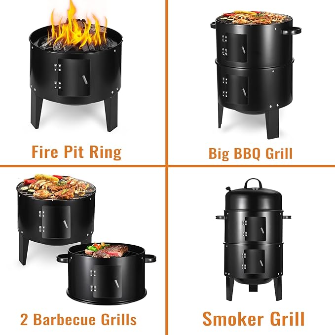 Vertical 17 Inch Charcoal Smoker Grill with Thermometers and Air Vent, Multi-Layer Meat 3-in-1 Portable light weight with 2 Access Doors Grill Smoker (17 INCH)