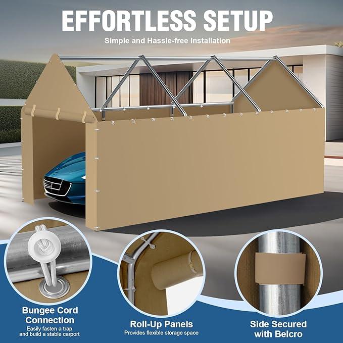 Carport Canopy Sidewalls for 10'x20'x9.35' Carport with Ball Bungee Cords, Replacement Covers Canopy Walls for Car Tent Garage(Sidewalls Only) (Khaki)