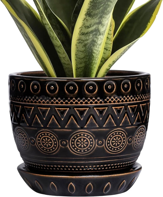 G EPGardening 5.5 Inch Ceramic Planter - Ceramic Plant Pot for Indoor Outdoor Plants, Boho Round Flower Pot with Drainage Hole and Saucer, Gifts for Plant Lovers, Office Garden Home Decor, Black
