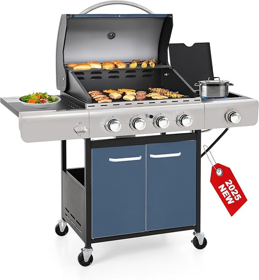 GREEN PARTY 4 Burner BBQ Propane Gas Grill with Side Burner & Porcelain-Enameled Cast Iron Grates, 545 SQIN Grilling Area 42,000 BTUs Barbecue Grill for Outdoor Cooking Garden Patio Backyard, Blue