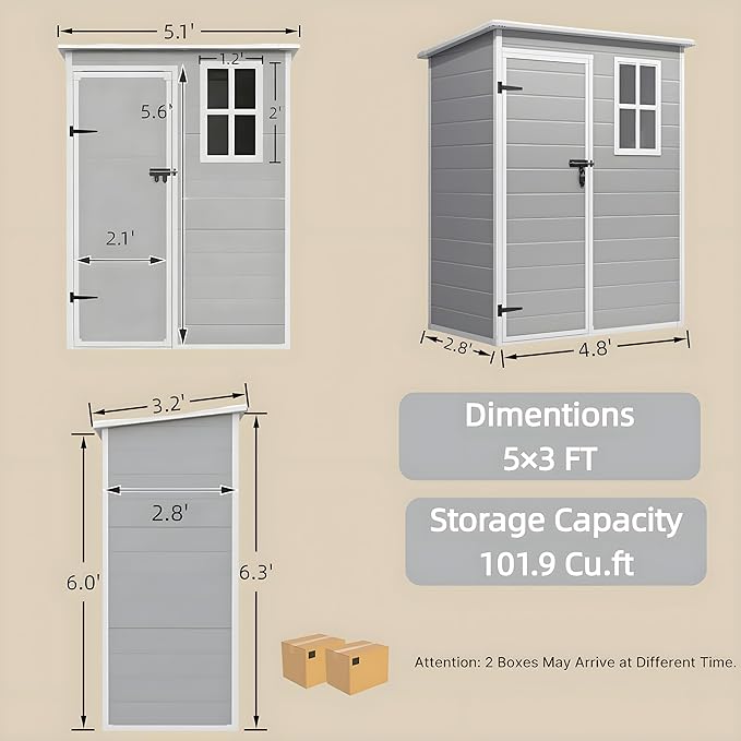 Gizoon 5x3 FT Resin Storage Shed Outdoor, Heavy-Duty Resin Shed with Floor for Patio, Lawn, Plastic Garden Sheds Weather-Resistant with Lockable Door for Patio Furniture, Garden Tools, Grey