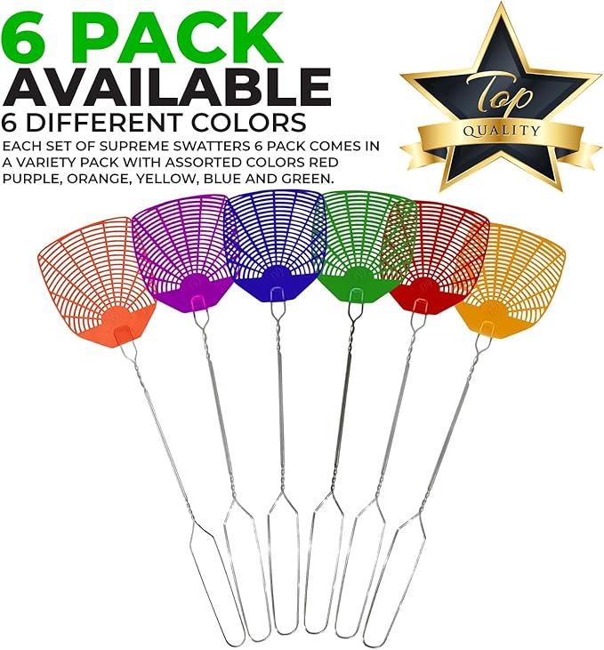 Supreme Bug & Fly Swatter 6-Pack – Braided Metal Handle 6 Pack Fly Swatters, Multi Pack Colors, – for Indoor/Outdoor – Flyswatter (21 inch- Set of 6)