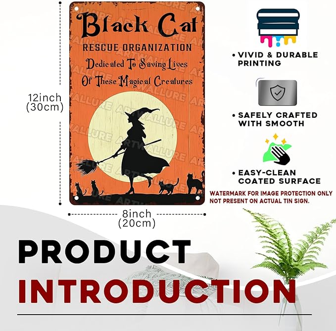 Black Cats Rescue Halloween Decor Vintage Metal Tin Sign Rustic Wall Art Gothic Home Decor Tin Plaque Retro Metal Poster for Bar Cafe 8x12inch