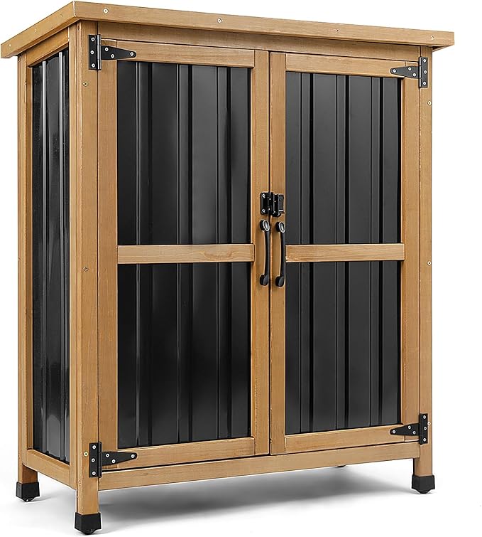 Weatherproof Outdoor Storage Cabinet with Lockable Doors, Wood & Metal Garden Storage Shed Patio Storage Box for Tools & Lawn Equipment, Pool Accessories