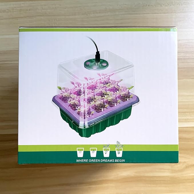 Seed Starter Tray with Plant Light, 2 Pack Grow Lights for Seed Starting Kit with Humidity Domes, Timing Controller Adjustable Brightness for Greenhouse Propagator Station Growing Transparent