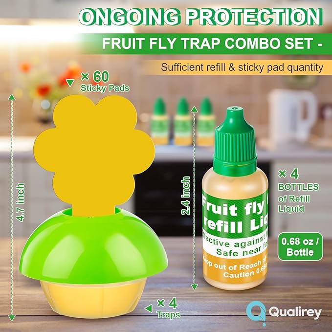 Qualirey Fruit Fly Trap for Indoors, 4 Pack Fruit Fly Trap with 4 Refill Liquid and 60 Yellow Sticky Pads, Safe Near Pets, Food and Kids, Fruit Flies Lure Liquid Trap for Home Kitchen