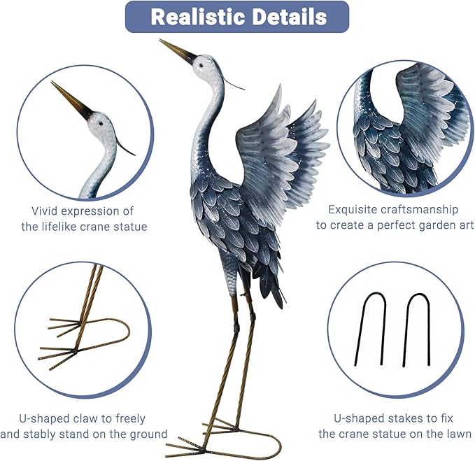 37 Inch Blue Heron Metal Yard Art, Garden Sculpture Spreading Wings for Patio, Lawn, and Backyard