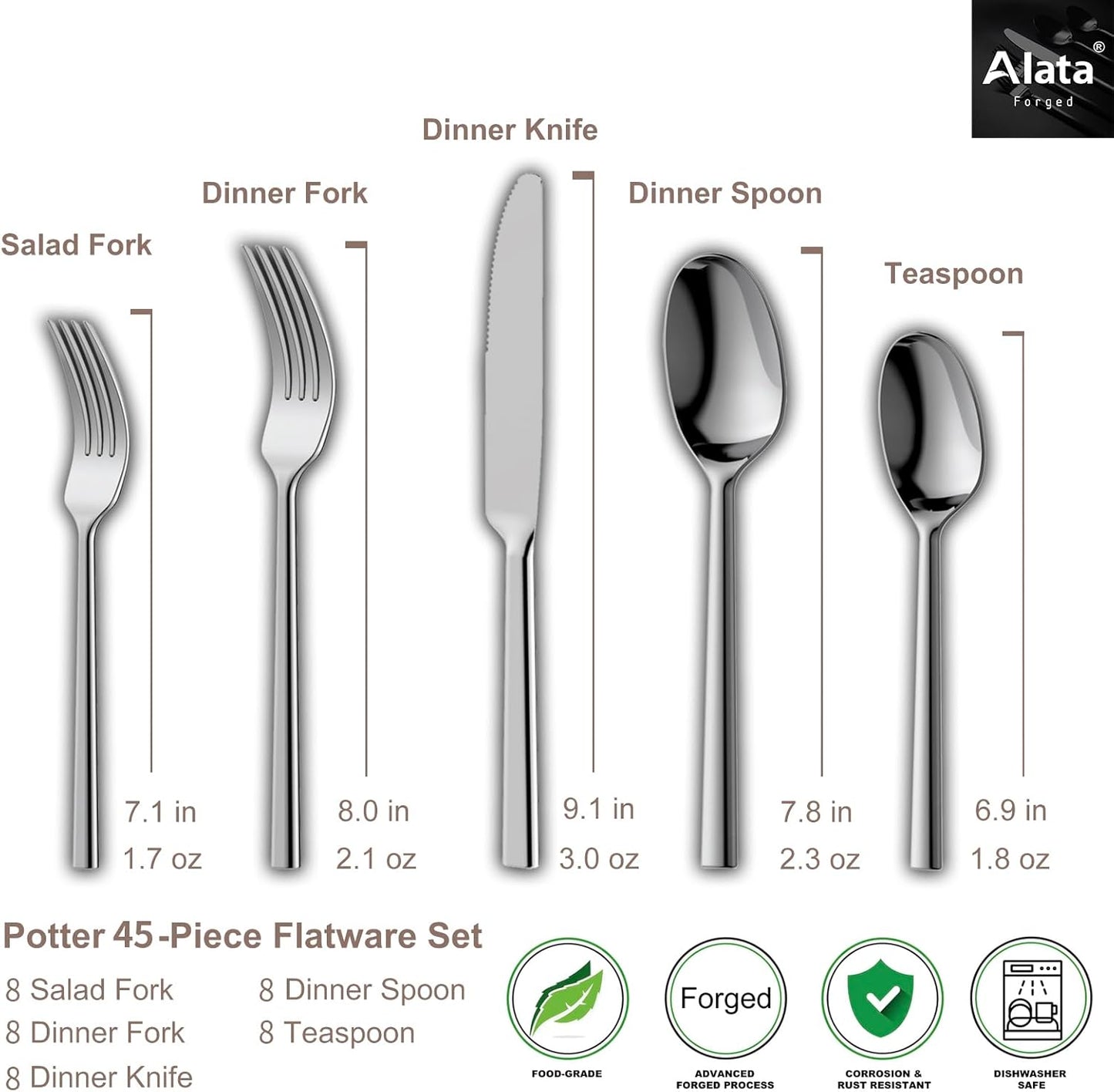 Alata Potter 45-Piece Forged Stainless Steel Flatware Set Cutlery Set,Service for 8,Silver Finish,Dishwasher Safe