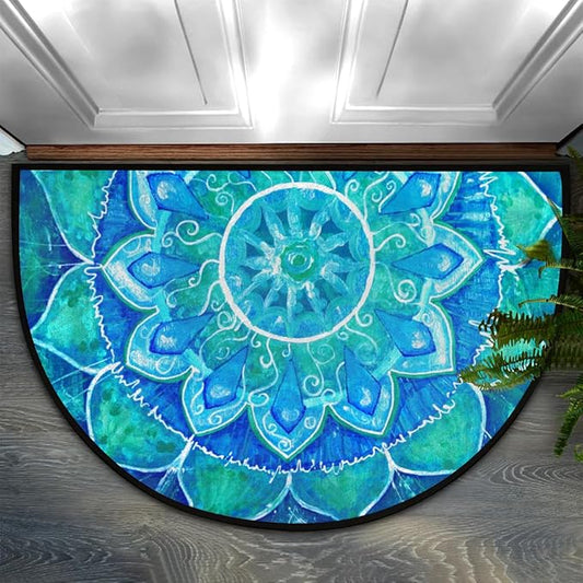 cfpolar Half Round Blue Boho Mandala Semicircle Mat, Non Slip Area Rug Soft Doormat for Front Door Indoor Entrance Welcome Mat for Garage Patio Home Decor 24 x 36 in