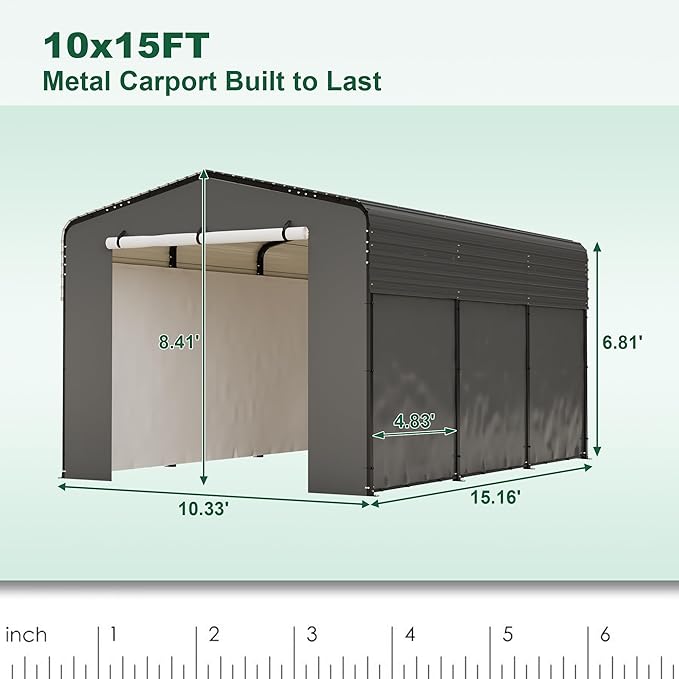 Metal Carport Kit 10x15 FT Heavy Duty Galvanized Garage Shed for Car Truck Boat Outdoor All Weather Sunshade Canopy Tent Car Shelter with Tarpaulin Sidewalls Enhanced Base Sloped Top