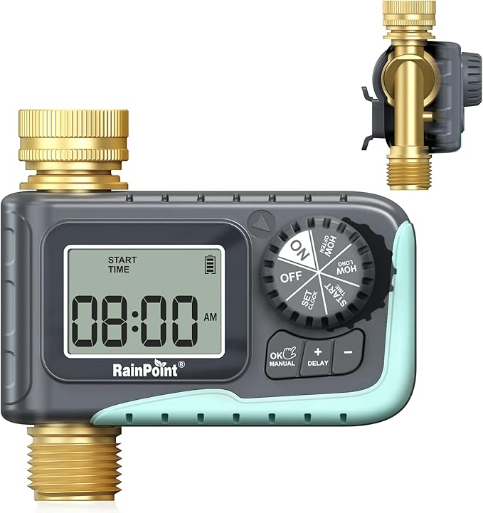 RAINPOINT Sprinkler Timer, 100% Metal Water Pipe Water Timer for Garden Hose, Programmable Hose Controller with Manual Watering/Rain Delay, Automatic Drip Irrigation System for Lawn, 1 Outlet