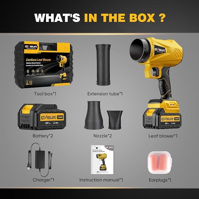 GEVEELIFE 2025 Upgraded Leaf Blower Cordless-800000 RPM Turbo Jet Blower with 2×5.0Ah Batteries & Fast Charger，Handheld Blower for Patio,Leaves, Lawn, Yard, Dust,Snow,Car Cleaning