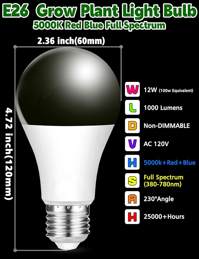 Red Blue 5000K LED Grow Light Bulb Full Spectrum 100w Equivalent, A19 E26 12W Sun Plant Light Bulbs for Flowers, Seed Starting, Indoor Growing, Greenhouse, 6pack