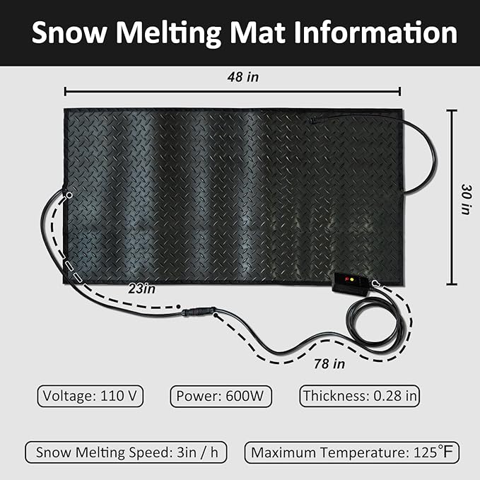 Snow Melting Mat, 30 x 48in Non-Slip Electric Heated Foot Mat, Heated Walkway Mat with Power Cord and Timming, Rubber Snow and Ice Heated Pad for Winter Outdoor Stairs, Sidewalks, Garages