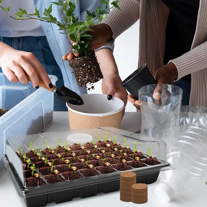 Halatool 2 Pack 80 Cells Seed Starter Trays with 80 PCS Coco Pellets, Black Seedling Starter Kit for Seedlings, Organic Seed Starting Soil Pods for Plant Germination, Planting Vegetables Flowers Seeds