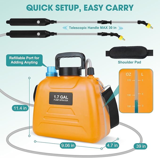 Electric Pump Sprayer - Backpack Garden Sprayer, 4 Mister Nozzles, Retractable Wand, Shoulder Strap - Weed Sprayer for Lawn, Yard Care & Spring Time Planting (Orange)
