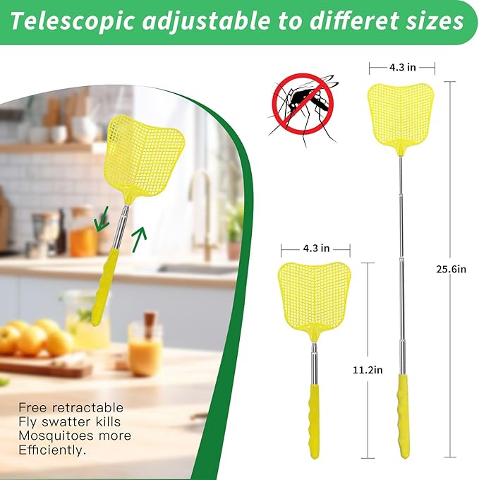 MYSTICHOME Fly Swatter 2 Pack, Durable Heavy Duty Plastic Fly Swatters, Stainless Steel Telescopic FlySwatter for Indoors/Outdoor/Kitchen/Garden (Yellow+Black)
