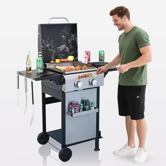 2-Burner Propane Gas BBQ Grill with Porcelain-Enameled Cast Iron Grates, Baking Sheet, 2 Foldable Side Tables, 24,600 BTU Stainless Steel Grill for Outdoor Camping Barbecue Grilling Backyard Cooking