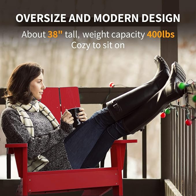 MXIMU Adirondack Chair Set of 2: Modern Adirondack Chairs Fire Pit Chairs Plastic Outdoor Chairs for Lawn Backyard Deck Garden Camping (Red)