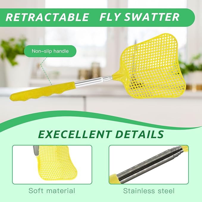 MYSTICHOME Fly Swatter 2 Pack, Durable Heavy Duty Plastic Fly Swatters, Stainless Steel Telescopic FlySwatter for Indoors/Outdoor/Kitchen/Garden (Yellow+Black)