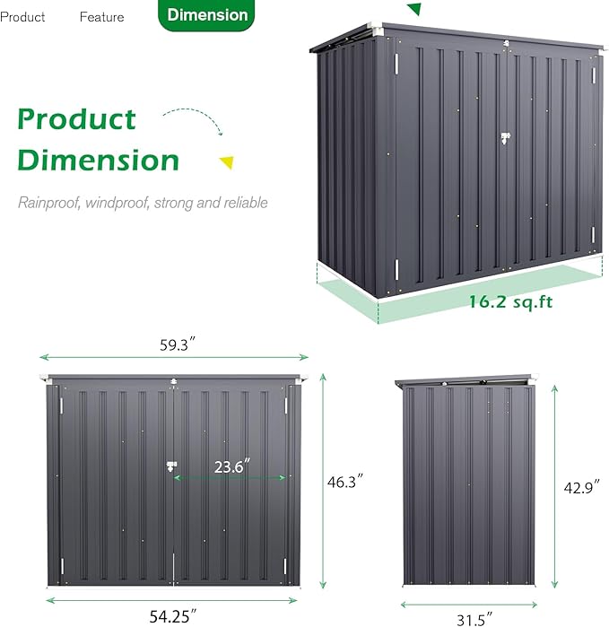 AECOJOY Outdoor Trash Can Storage Shed, 46 Cu.Ft Outside Garbage Can Storage Shed, Dark Grey Outdoor Horizontal Storage Cabinet Waterproof, Bike Sheds & Outdoor Storage Clearance