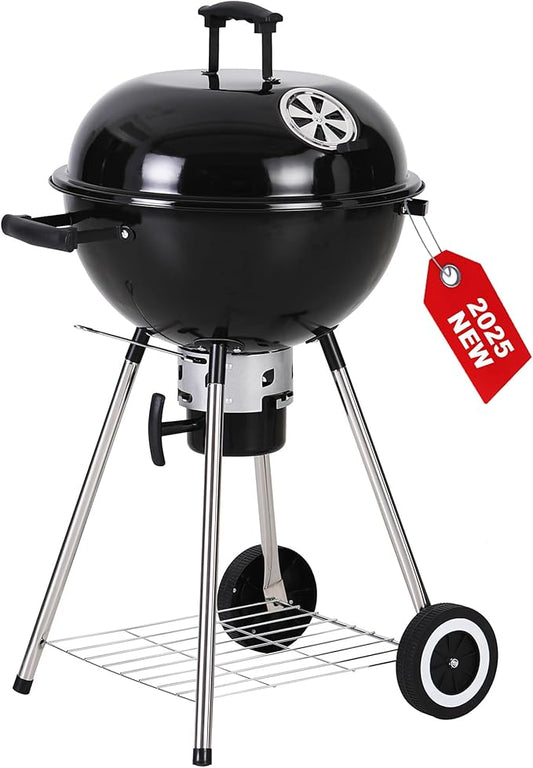 GREEN PARTY 18 inch Kettle Charcoal BBQ Grill with Wheels, Portable Charcoal Grill with Porcelain-Enameled Lid & Ash Catcher for Outdoor Cooking Barbecue Camping Picnics Tailgating, Black