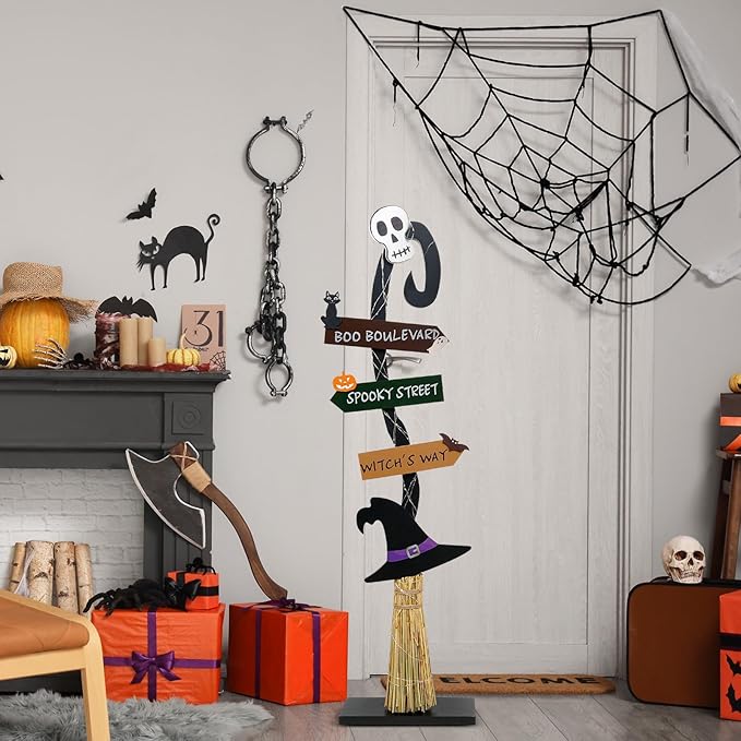Halloween Decorations |Lighted Witch's Broom Halloween Wooden Porch Sign | Spooky Light Up Witch Decorations Sign for Indoor Outdoor Yard Decor
