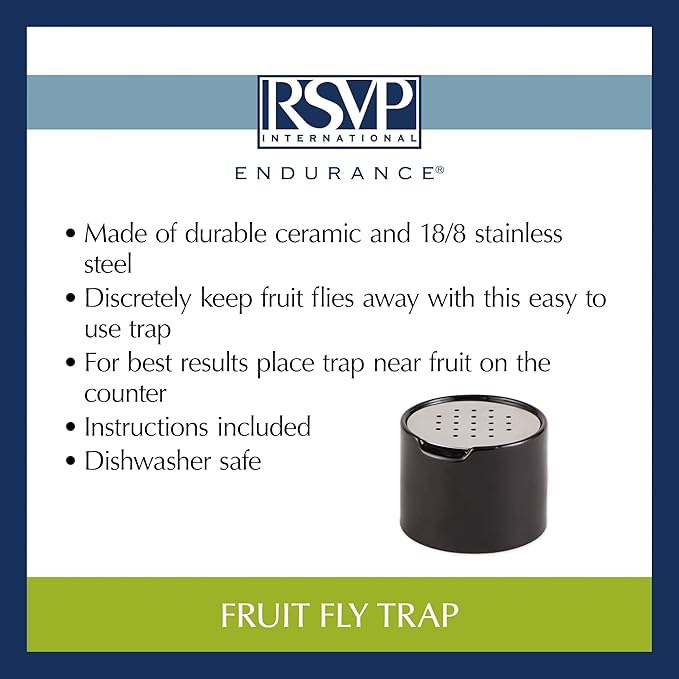 RSVP Reusable Ceramic Fruit Fly Trap for Indoors – Kitchen Fly Catcher Jar with Stainless Steel Vent Lid, Eco-Friendly & Dishwasher Safe Design, Uses Natural Vinegar Bait (Black)