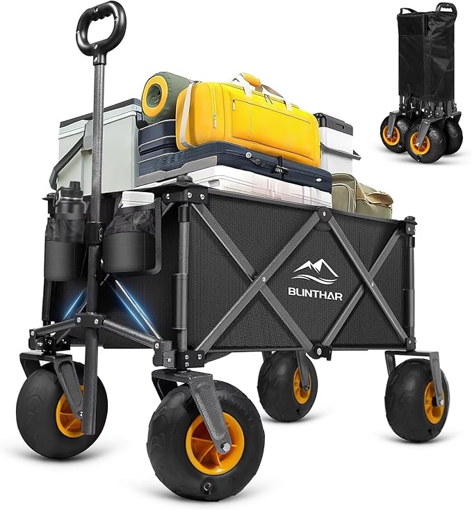 Beach Wagon with Big Wheels for Sand, Heavy Duty Collapsible Folding Wagon with All-Terrain 9" Pneumatic Tires & Drink Holders, Utility Wagon for Garden Sports Camping Outdoor Activities