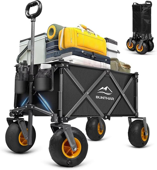 Beach Wagon with Big Wheels for Sand, Heavy Duty Collapsible Folding Wagon with All-Terrain 9" Pneumatic Tires & Drink Holders, Utility Wagon for Garden Sports Camping Outdoor Activities