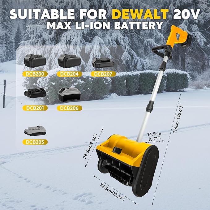 Cordless Snow Blower Compatible with Dewalt 20V Max Battery, 500W Electric Snow Shovel with Brushless Motor, 20ft Throwing Distance, Adjustable Front Handle, 12.8"wide, 9.66″depth, 300lbs/min