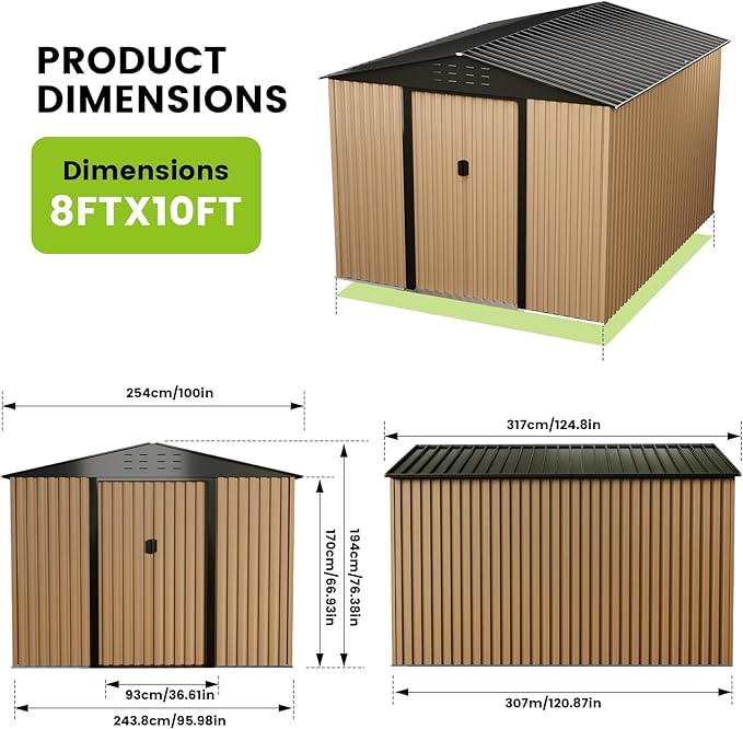 8 X 10 FT Shed Outdoor Storage Shed Metal Garden Shed with Sloping Roof and Vents, Waterproof and Anti-UV, Slooping Roof Tool Shed for Backyard, Patio, Garden Yard, Poolside