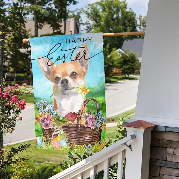 Happy Easter Chihuahua Dog Flowers Eggs Bunny Garden Flag Welcome Party Outdoor Outside Decorations Picks Home House Garden Yard Decor 12x18 Inch