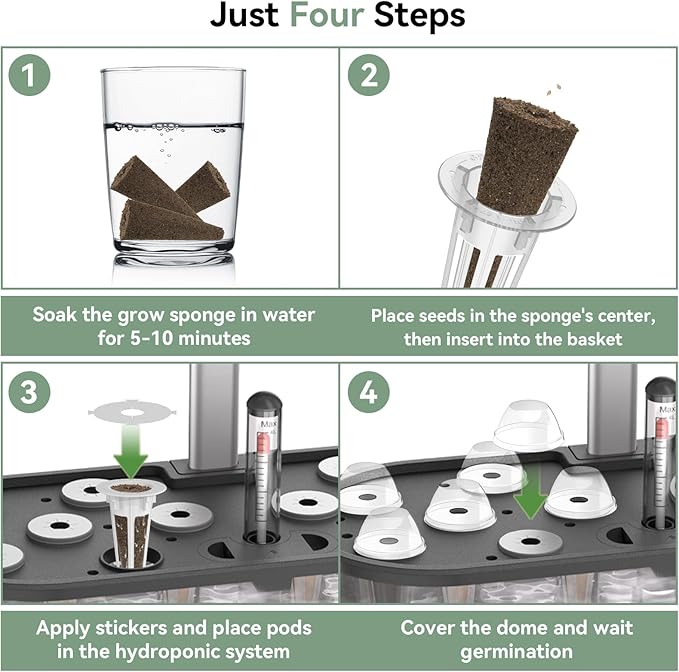 LYKOCLEAN 68pcs Hydroponic Pods Kit for Aerogarden and idoo, Grow Anything Kit with 30 Grow Sponges, 12 Grow Baskets, 12 Grow Domes, 12 Pod Labels, 2 Plant Food, Compatible with Hydroponics for All