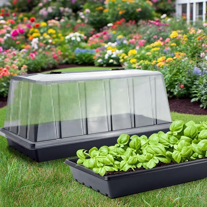 1020 Plant Tray with Tall 7.3'' Dome, 5-Pack Extra Large Seed Starter Tray with Humidity Domes, Heavy Duty 1020 Trays and Flats with Lid, Seed Germination Mini Greenhouse No Hole for Balcony Garden