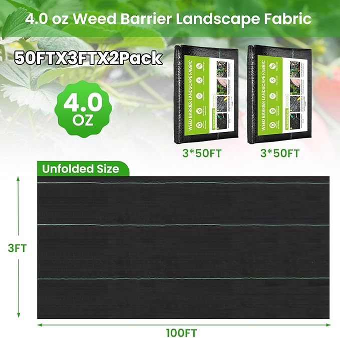 2pcs 3FTX50FT Weed Barrier Fabric, 4.0oz Landscape Fabric, Durable Weed Barrier Fabric Heavy Duty with 10 U-Shaped Securing Pegs for Landscaping Weed Blocker Garden Bed Cover, Commercial Driveway