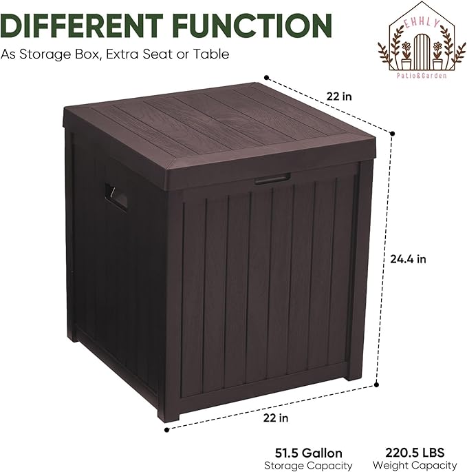 Deck Box, 51 Gallon Front Porch Package Bin Delivery Box for Outside, Small Patio Outdoor Storage Boxes Waterproof, UV Resistant Plastic Resin Pool Storage Bins with lids, Brown