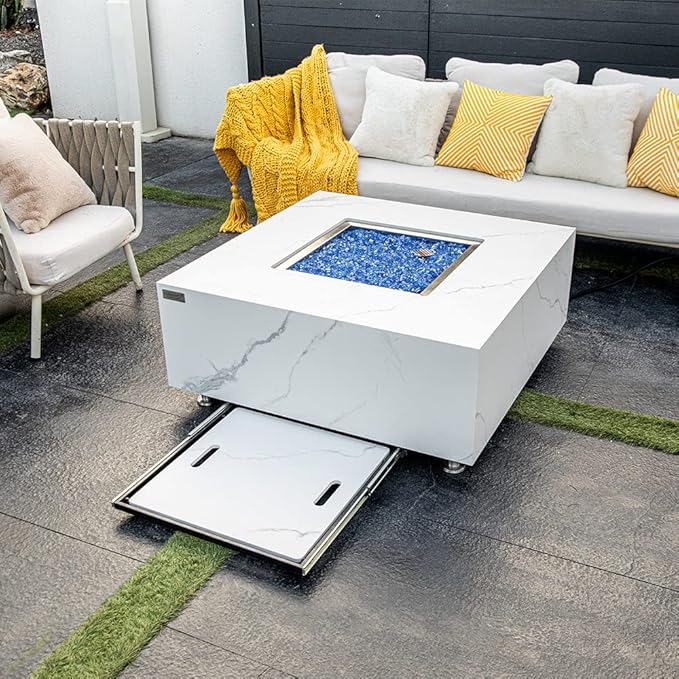 Bianco Marble Fire Pit 39.4" x 39.4" Outdoor Patio Firepit Includes Fire Glass Modern Fire Pits & Outdoor Fireplaces for Garden, Deck, Indoor & Outdoor Heating